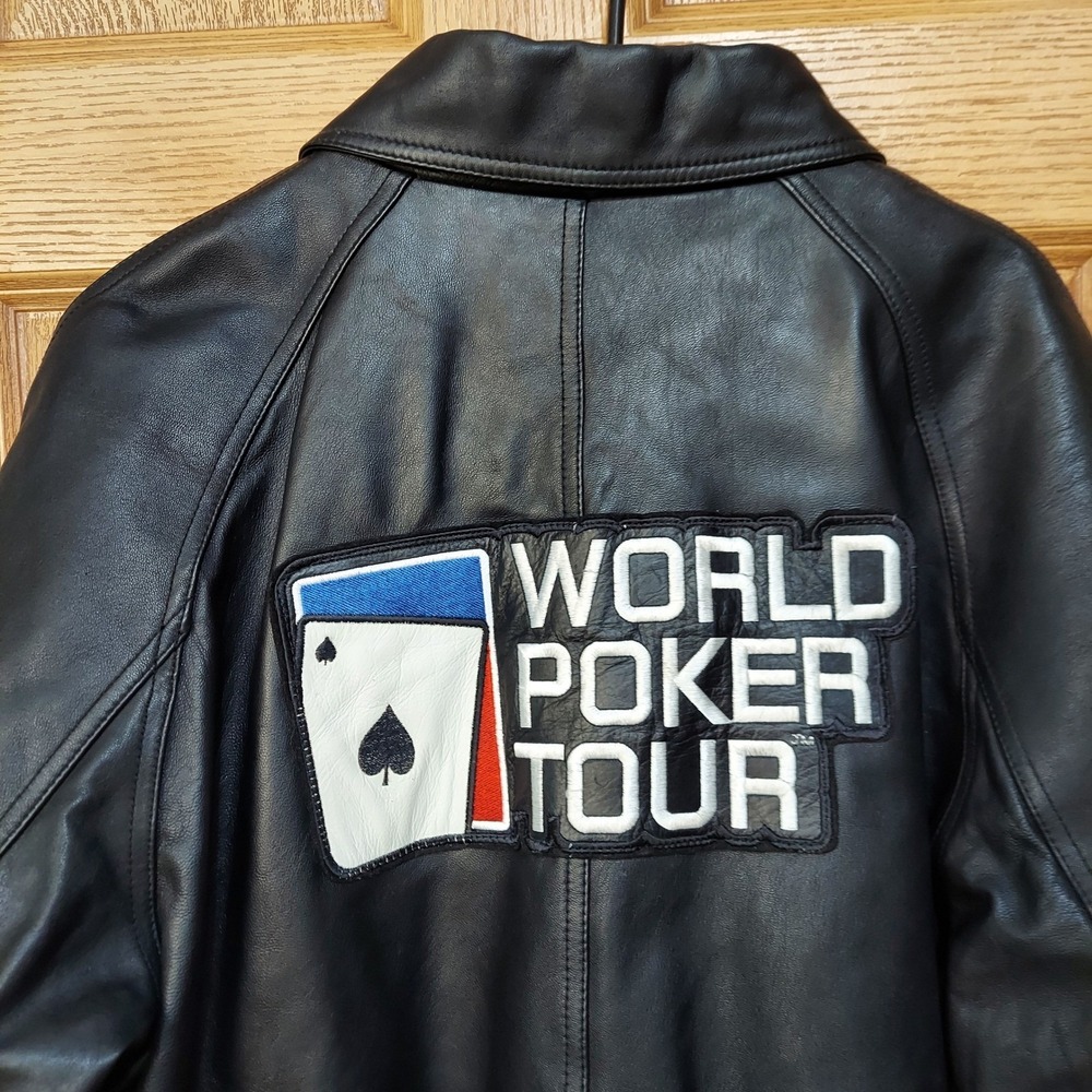 Colebrook World Poker Tour Mens Black Leather Bomber Jacket Full Zip Quilted M
